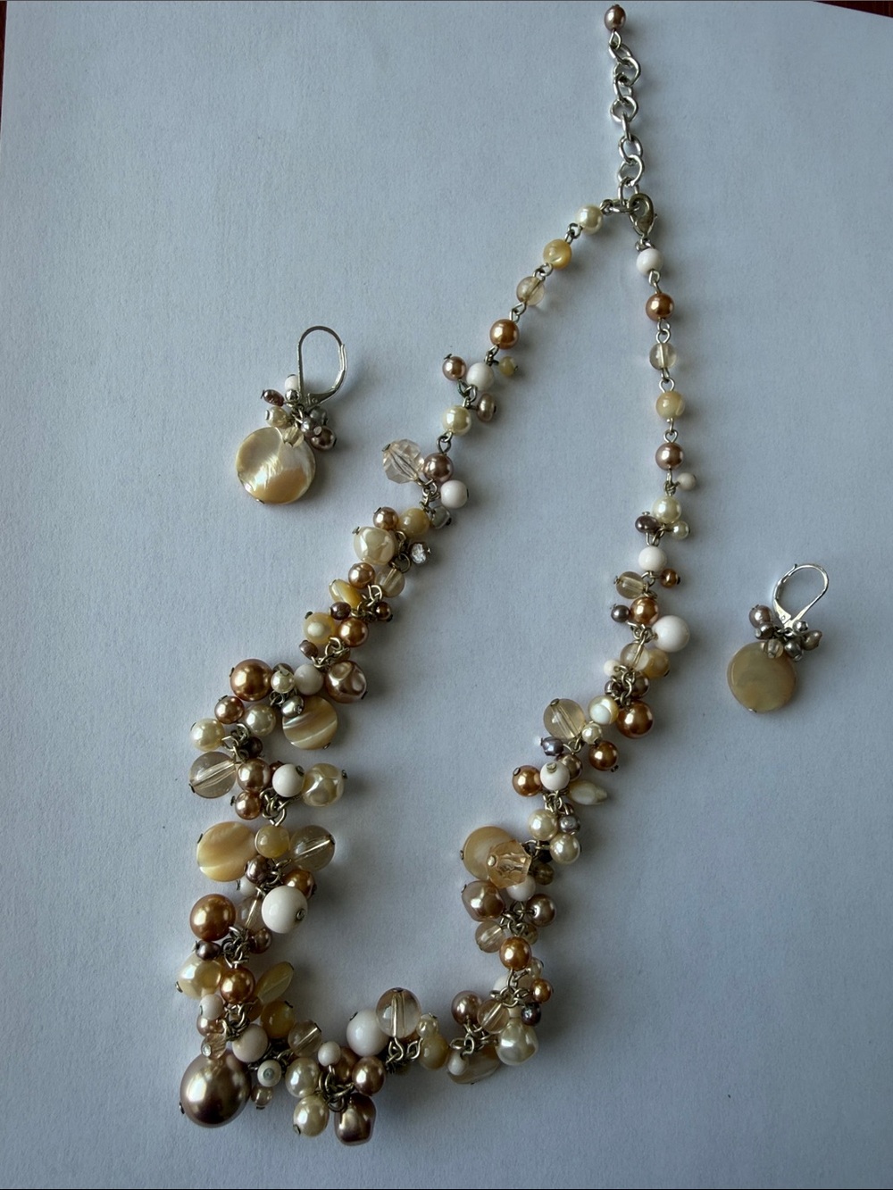 Chicos Elegant Pearl Cluster Necklace and Earrings Set in Champagne and Cream
